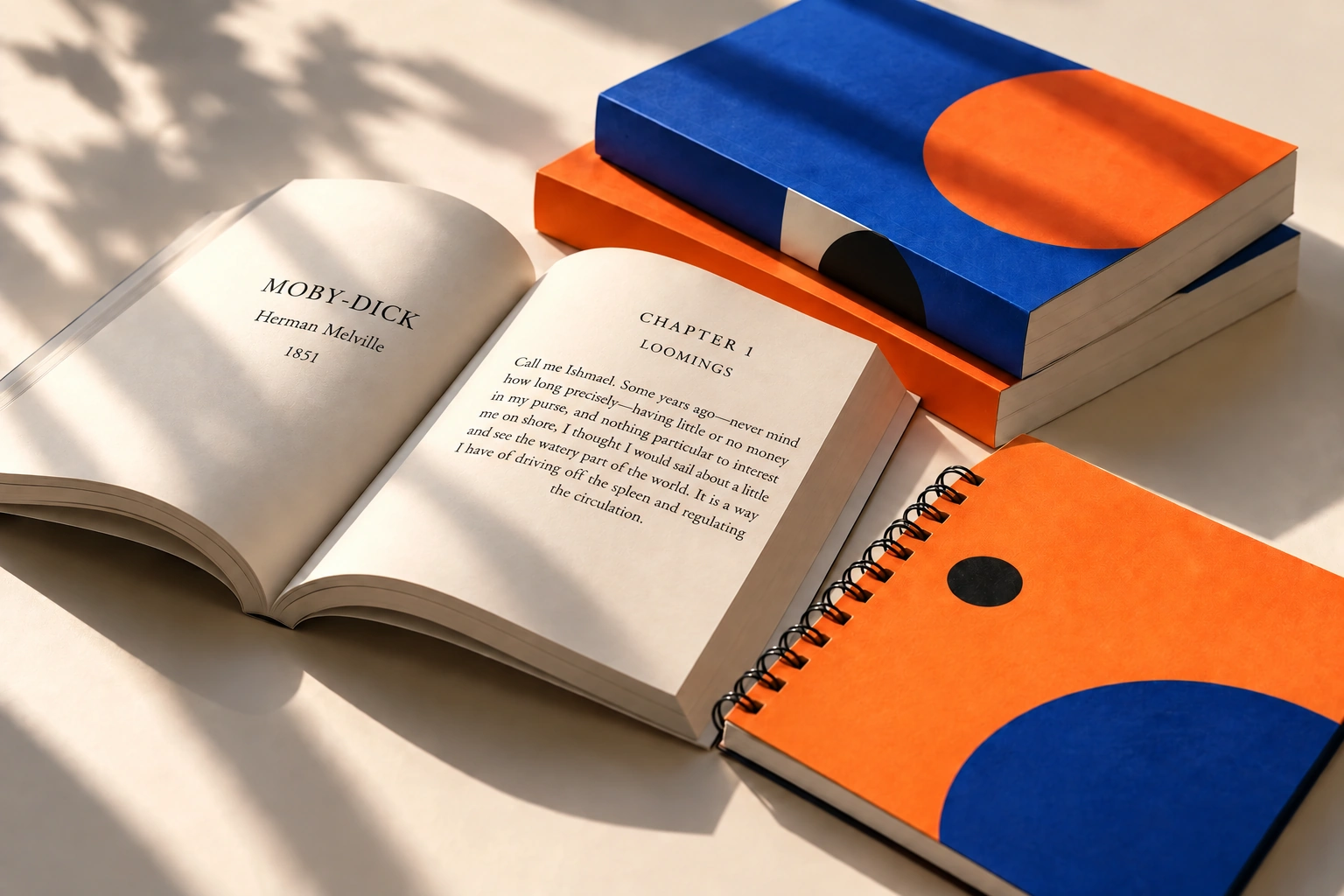 Colourful paperbacks and a notebook beside an open book displaying the opening of Moby-Dick by Herman Melville
